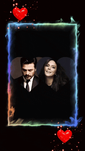 a man and a woman are in a frame with the letters c and f on it