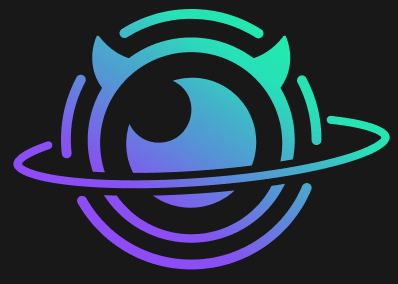 a blue and purple logo with a devil 's horns on it
