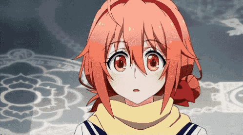 a girl with orange hair and red eyes is wearing a yellow scarf around her neck