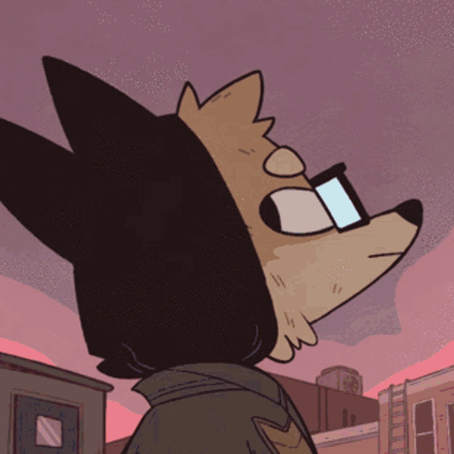 a cartoon drawing of a wolf wearing glasses and a hoodie