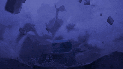 a purple background with a few rocks floating in the sky