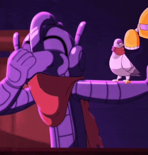 a purple robot with a red scarf around his neck