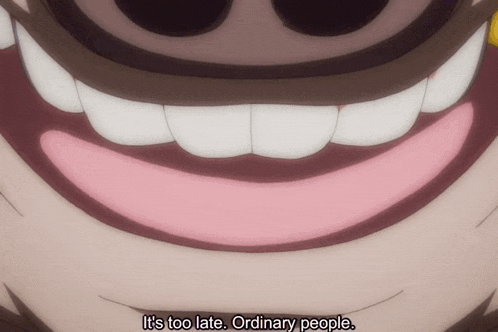 a close up of a mouth with the words " it 's too late ordinary people " below it