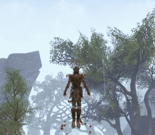 a video game character is flying through a forest