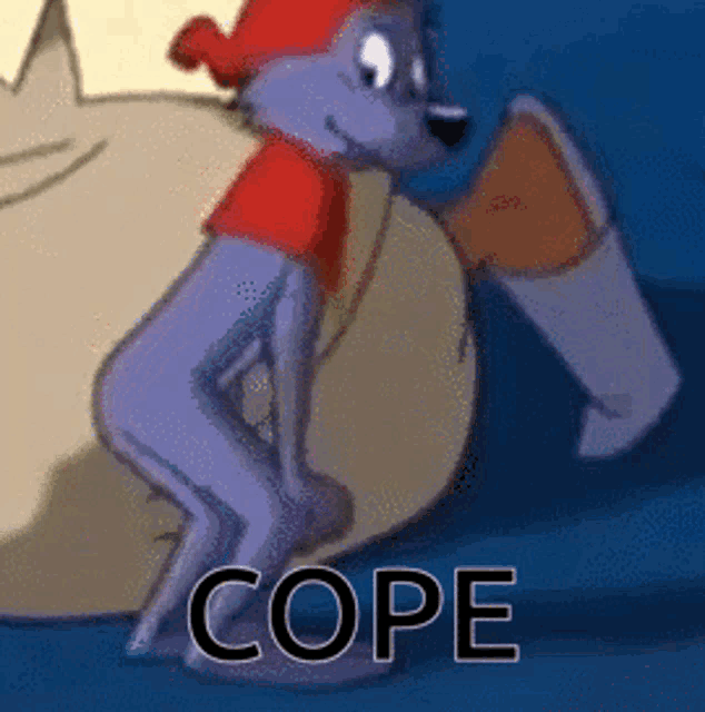 a cartoon dog is squatting down next to a cat and the word cope is on the bottom of the image
