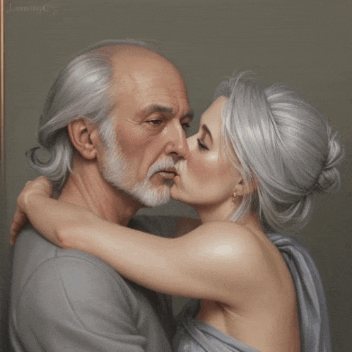 a painting of a man and a woman kissing with the letters lm on the bottom