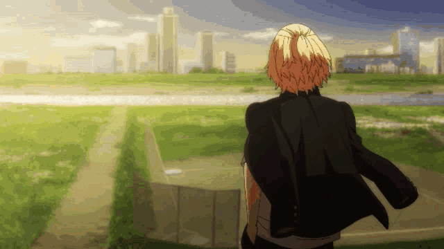 a man in a black jacket is standing in a field looking at a city skyline
