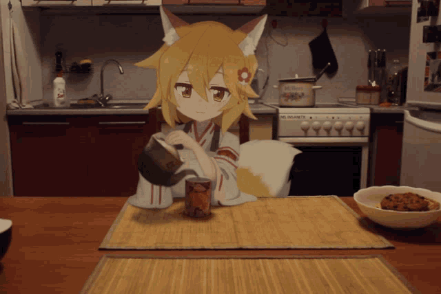 a cartoon character sits at a table in front of a stove that says ' huawei ' on it