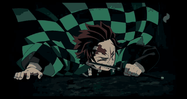 a man in a green and black checkered shirt is laying on the ground holding a sword
