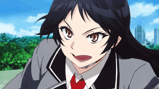 a close up of a girl in a suit and tie with a city in the background