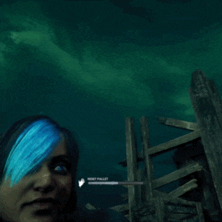 a woman with blue hair is wearing a sweater with a skeleton on it