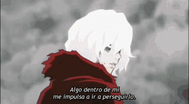 a cartoon character with white hair and a red jacket is talking in spanish .