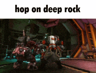 a screenshot of a video game with the words hop on deep rock