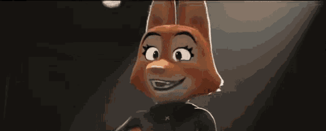 a close up of a cartoon character with big eyes pointing at something .