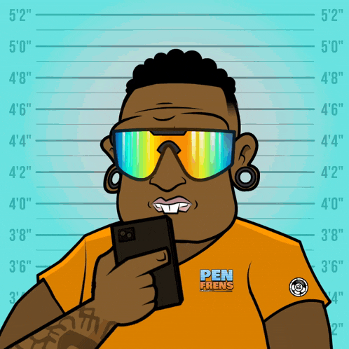 a cartoon of a man wearing sunglasses and a pen frens shirt holding a cell phone