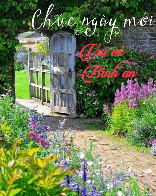 a picture of a garden with the words chúc ngày mới on it