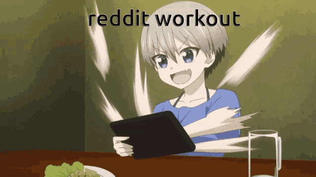 a cartoon of a girl sitting at a table holding a tablet with the words reddit workout above her