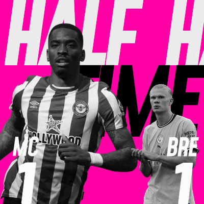 a black and white photo of two soccer players with the words half time on the top