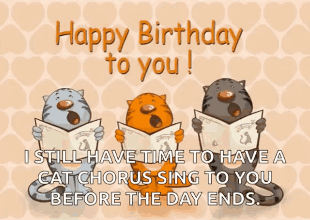 three cats singing a cat chorus in front of hearts
