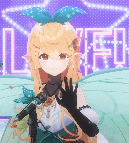 a girl with a microphone in front of a sign that says ' life '
