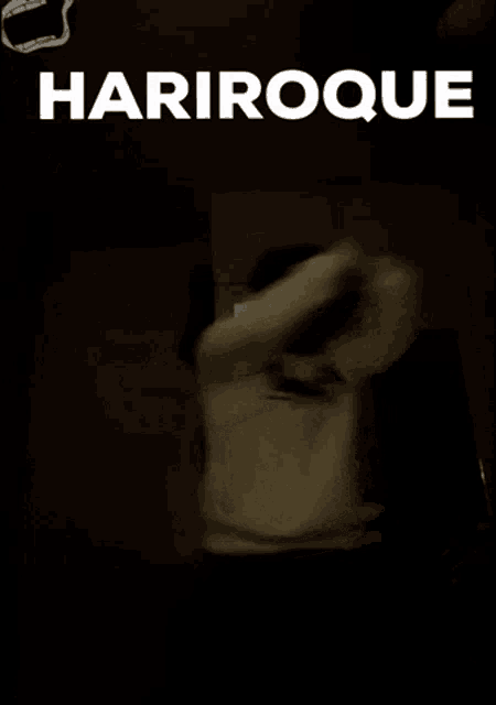 a person is standing in a dark room with the word hariroque written on it