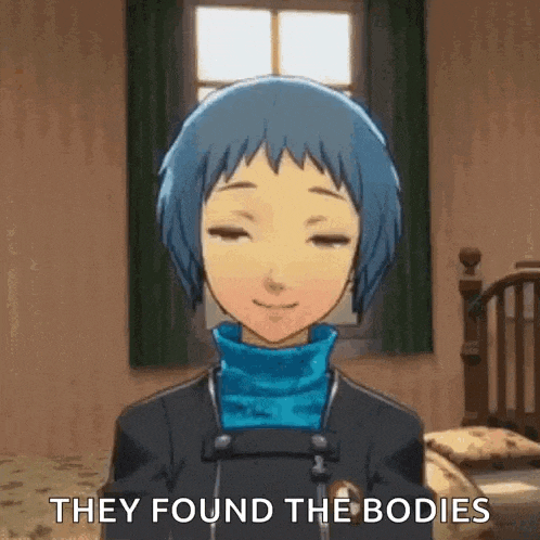 a boy with blue hair is smiling in a room with the words `` they found the bodies '' written on his face .