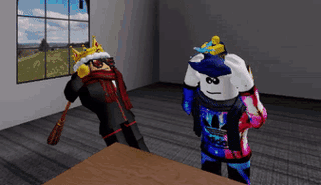 two roblox characters are standing next to each other in a room with a window