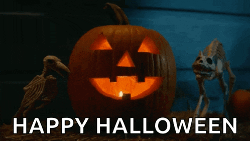 a halloween greeting with a carved pumpkin and a skeleton