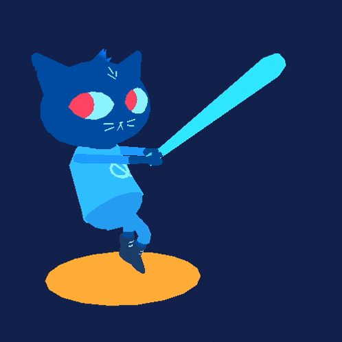 a blue cat with red eyes is holding a blue baseball bat