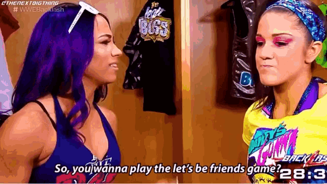 two women are standing next to each other and one of them says so you wanna play the let 's be friends game .