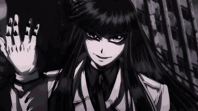 a girl with long black hair and red eyes is waving her hand