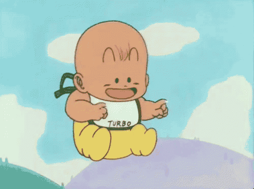 a cartoon baby wearing a bib that says turbo on it