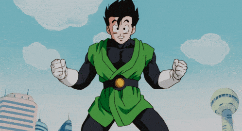 a cartoon character in a green and black outfit is flying through the air