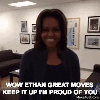 a woman is smiling in a living room and says wow ethan great moves keep it up .