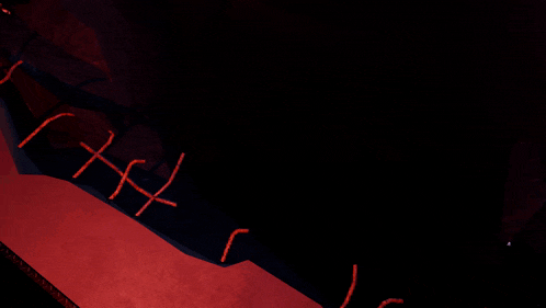 a computer generated image of a person in a dark room with red and black lines