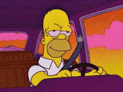 a cartoon of homer simpson driving a car with a purple background