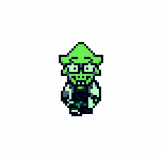 a pixel art drawing of a green squid with glasses and a hat .