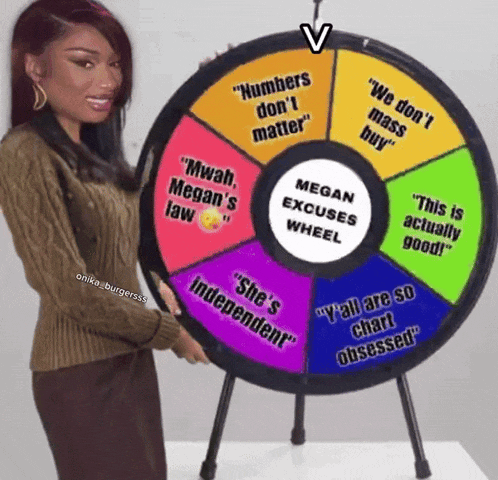 a woman is standing in front of a spinning wheel that says megan excuses wheel on it