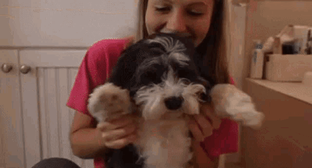 a woman in a pink shirt is holding a small black and white dog .