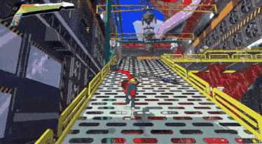 a video game shows a person walking down a ramp with a yellow railing