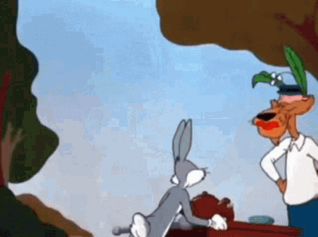 bugs bunny is standing next to a man in a cartoon .