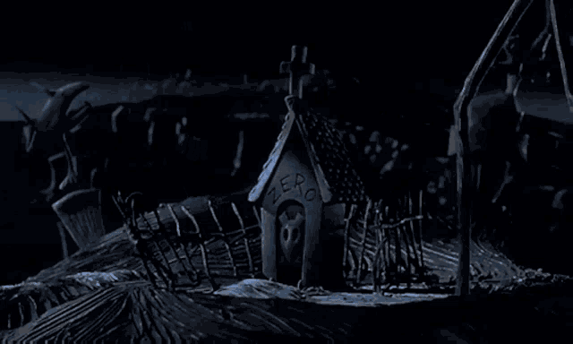 a nightmare before christmas scene with a ghost coming out of a house
