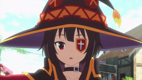 a girl in a witch hat has a red cross on her eye