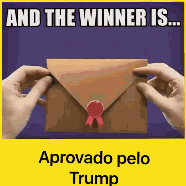 someone is holding a brown envelope with a red ribbon and the words " and the winner is " on the bottom