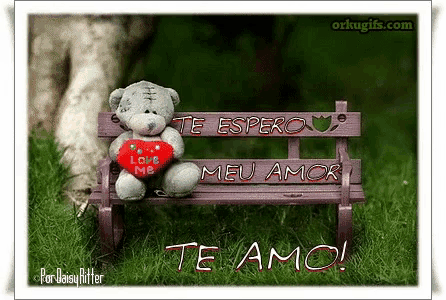 a teddy bear is sitting on a wooden bench holding a heart and says te amo