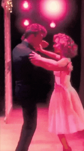 a painting of a man and woman dancing in front of a pink background