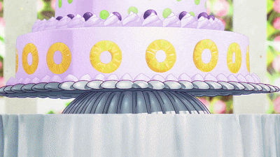 a cartoon character with purple hair is eating a cake