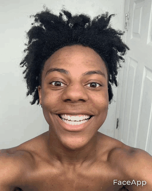a shirtless man with dreadlocks is smiling in front of a door with faceapp written on the bottom right