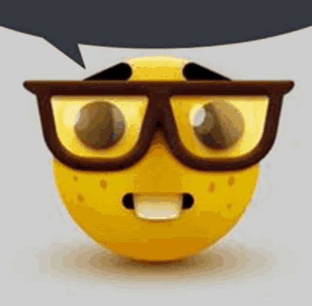 a yellow smiley face wearing glasses with a speech bubble behind it .