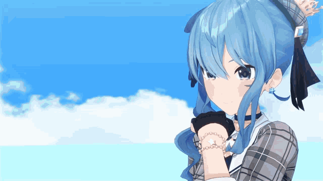a girl with blue hair is wearing a plaid shirt and bracelets